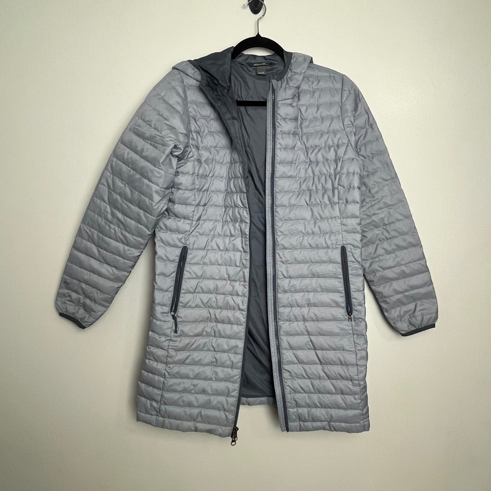 Eddie‎ Bauer EB 650 Down Feather Lightweight Puffer Coat Hooded Gray Size Small